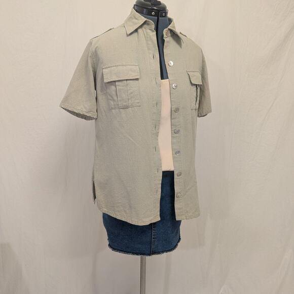 Selene Sport Tops - Selene Sport 100% silk short‑sleeve button‑up shirt in light sage, size S